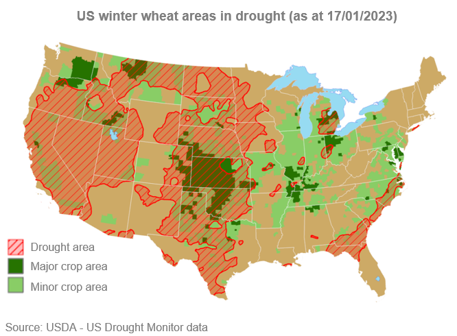 Map showing US winter wheat areas in drought